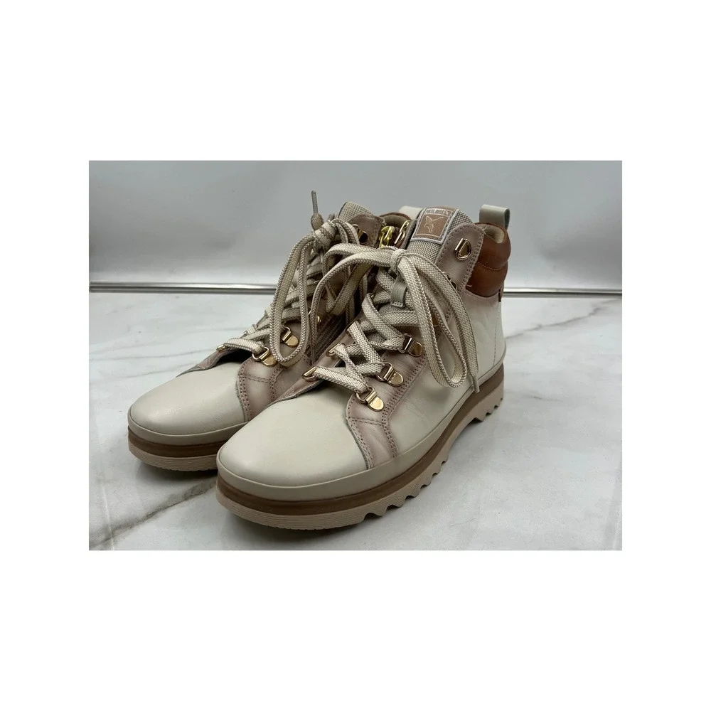 Pikolinos Boots Womens Sz 9 Cantabria Cream Tan Leather Hiker Ankle Side Zip
